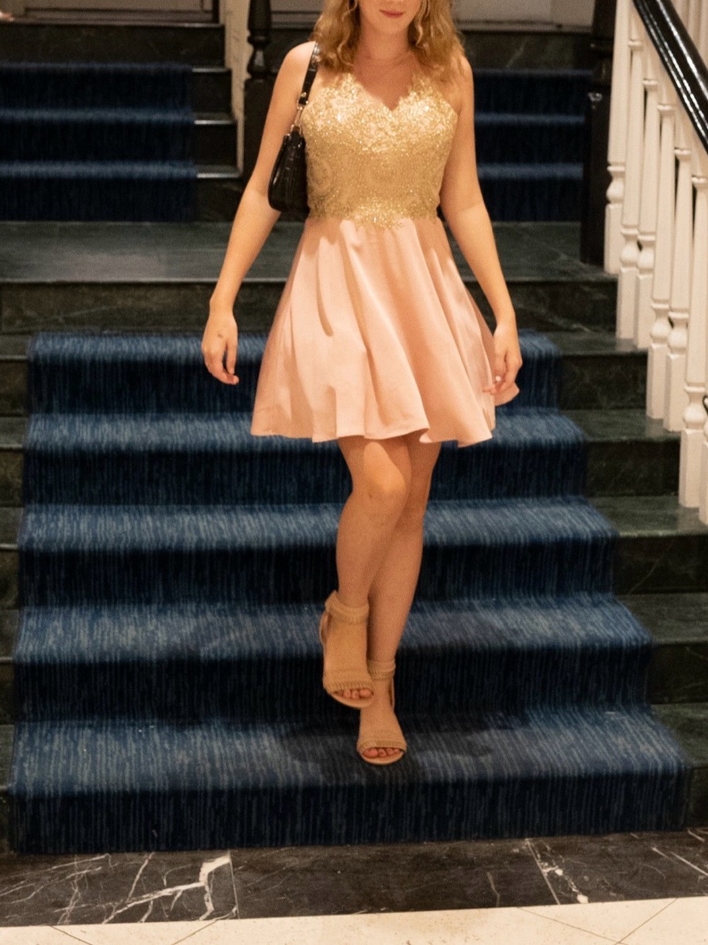 Gold Lace Bodice Pink Party Skater Dress